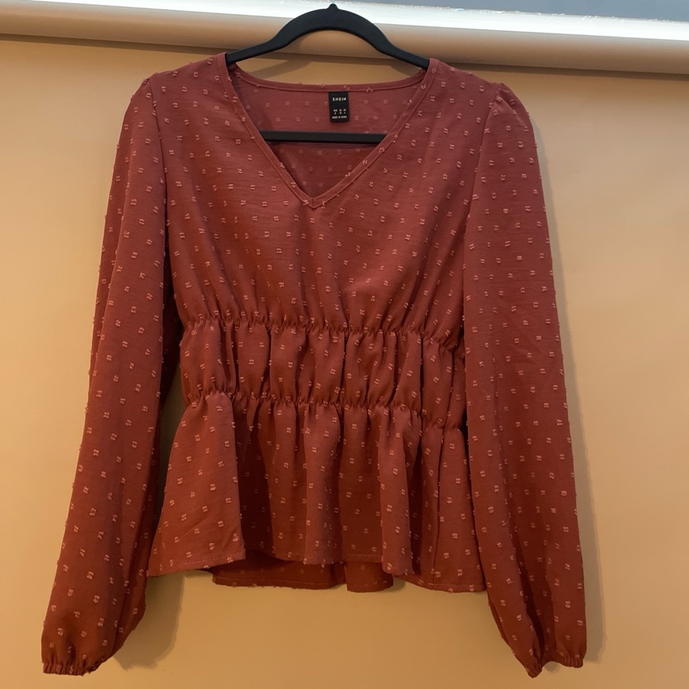 SHEIN Rust-Tone V-Neck Peplum Long Sleeve Blouse